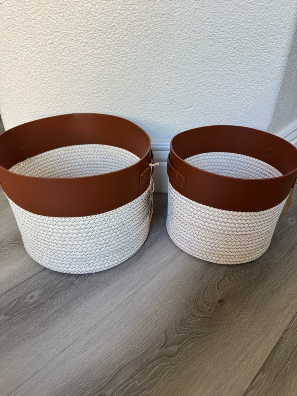 Decorative White Rope Basket with Brown Faux Leather Trim by Taylor Madison